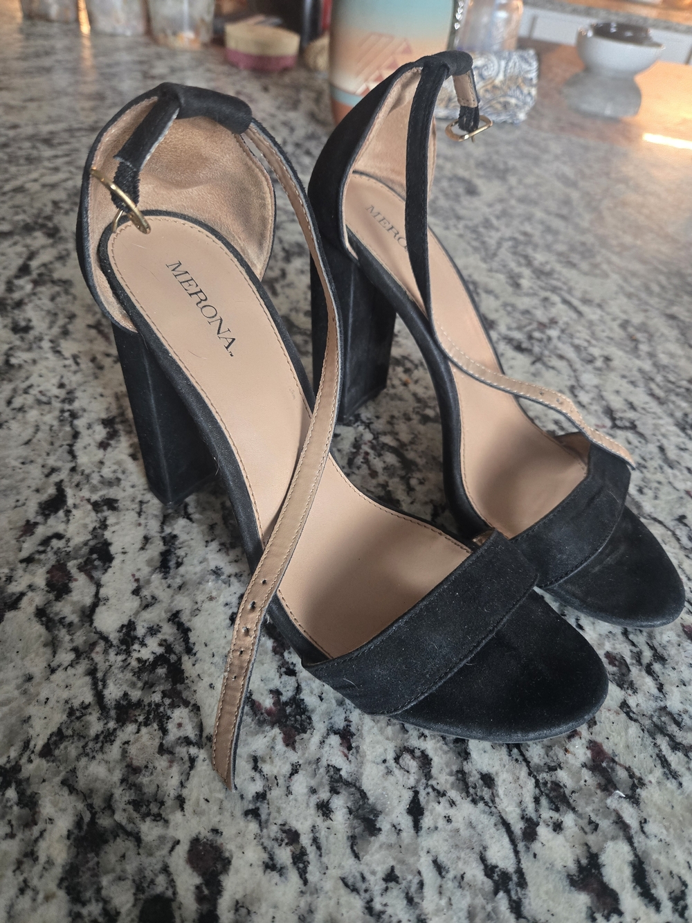 Merona Black Suede Block Heel Ankle Strap Sandals